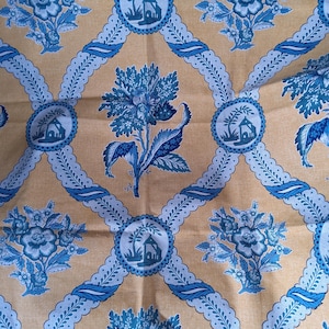 A beautiful  yellow and blue  vintage Brunschwig and Frls fabric sample, for bags or upholster a bench or small stool, smoke free home