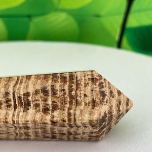 May include: A close-up of a wooden object with a light brown and dark brown pattern. The object has a rectangular shape with a pointed end. The wood grain is visible, creating a textured appearance. The background is blurred with green leaves.