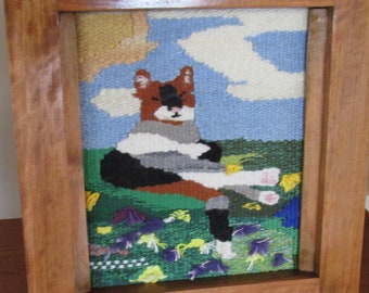 Whimsical "Callico Cat" wool tapestry