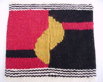 Handwoven tapestry "Art Deco I" small wallhanging in black, white, red and yellow wools