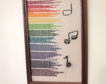 Handwoven tapestry "12 Tone Jazz Rainbow" with walnut frame and audiotape notes.