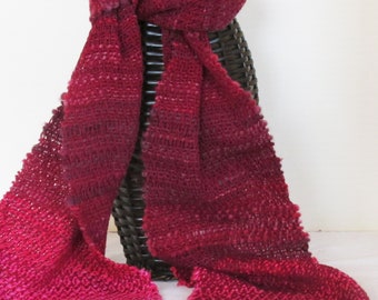 Raw silk and hand-spun handwoven red scarf great for Valentine's or Christmas!