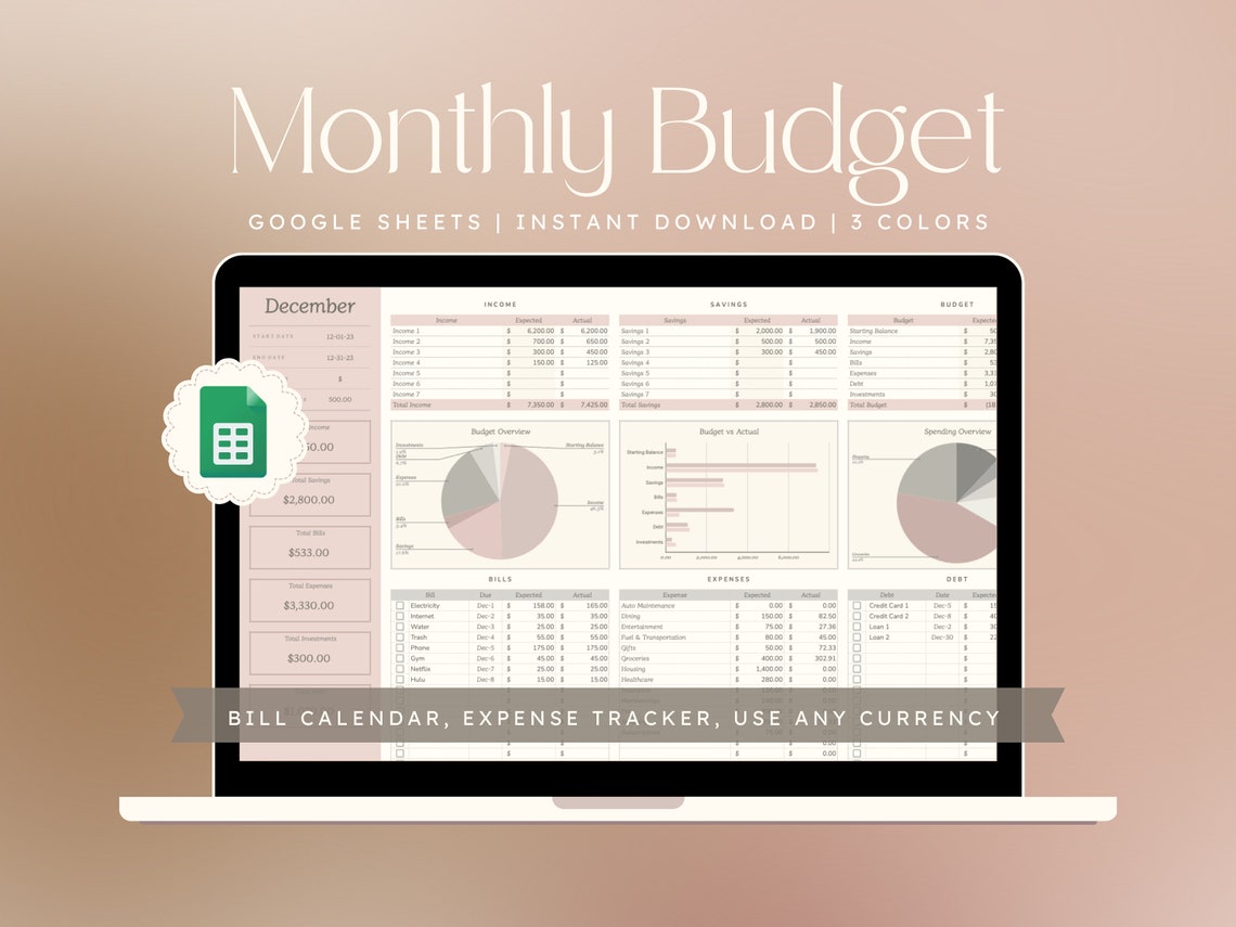Monthly Budget Spreadsheet | Google Sheets Template, Budget Planner ...