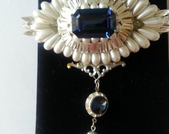 Dangling Sapphire and Pearl Brooch