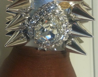 Large Elegant Swarovski Crystal Heart and Spike Cuff Bracelet