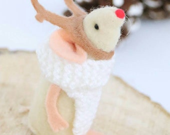 Handmade felt mouse, Christmas decoration, Rudolph