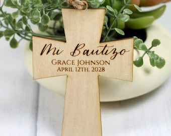 Personalized Cross Shaped Ornament - Baptism Ornament with Engraved Custom Text - Wooden Favor Tag - Kids Baptism Keepsake