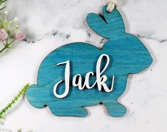 Teal Wooden Easter Tag - Personalized Wooden Tag with Name - 3D Wooden Tag - Custom Bunny Shaped Tag - Happy Easter - Kids Easter Basket Tag