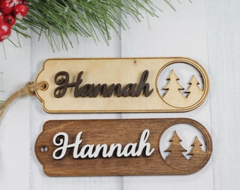 Personalized Stocking Tag - Personalized Wooden Tag with Name - 3D Wooden Tag - Custom Stocking Tags with Forest Cut Outs