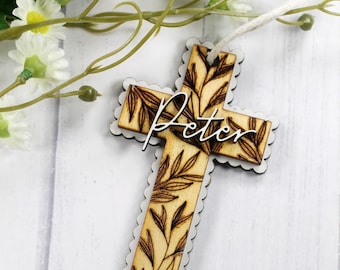 Personalized Wooden Cross Ornament – Engraved Baptism Keepsake