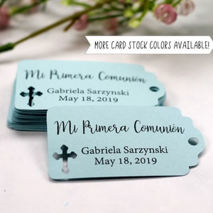 Etiquetas de Mi Primera Comunión - Etiquetas de Agradecimiento Pequeñas Personalizadas - Etiquetas de Favor Católico - Etiquetas Azules de Bebé Personalizadas para Bautismo - Etiquetas de Comunión