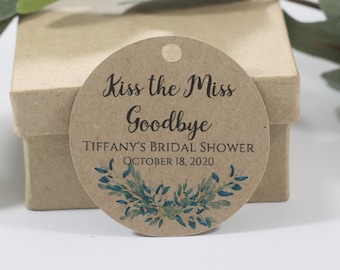 Kiss the Miss Goodbye Tags  - Custom Thank You Tags with Greenery - Floral Tags - Bridal Shower Thank You Labels - Round Kraft Tags