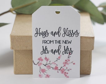 Thank You Tags  - White Wedding Favor Tags - Hugs and Kisses from the new Mr and Mrs - Wedding Labels with Cherry Blossom