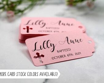 Small Baptism Tags with Die Cut Cross - Pink Thank You Tags for Confirmation - Catholic Favor Tags - Personalized Baby Pink Christian Tags