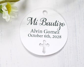 Personalized Baptism Tags - Mi Bautizo - Custom White Thank You Labels for First Communion or Christening Favors