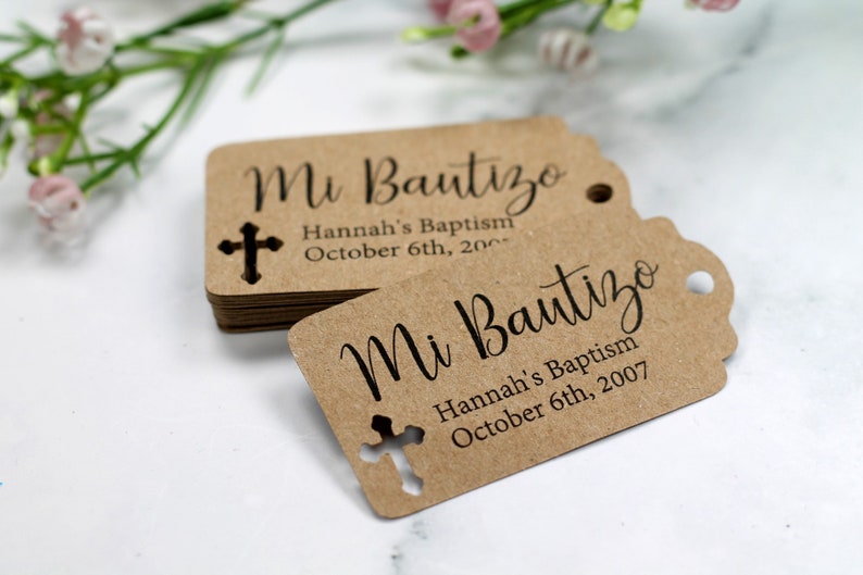 White Baptism Tags Mi Bautizo Thank You Labels for Baptism White Catholic Favor Tags First Communion Party Favor Tags Kraft Brown