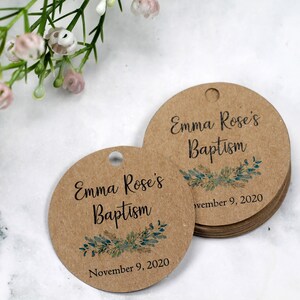 Round Baptism Tags with Greenery Personalized Baptism Favor Tags Girls Baptism Baptism Labels Boy's Baptism Christening Tags Kraft