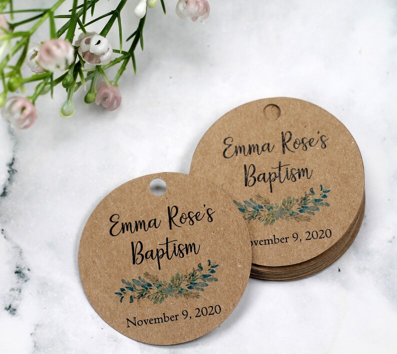 Round Baptism Tags with Greenery Personalized Baptism Favor Tags Girls Baptism Baptism Labels Boy's Baptism Christening Tags Kraft