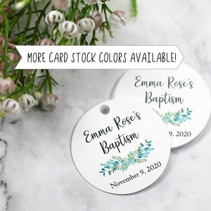Round Baptism Tags with Greenery Personalized Baptism Favor Tags Girls Baptism Baptism Labels Boy's Baptism Christening Tags White