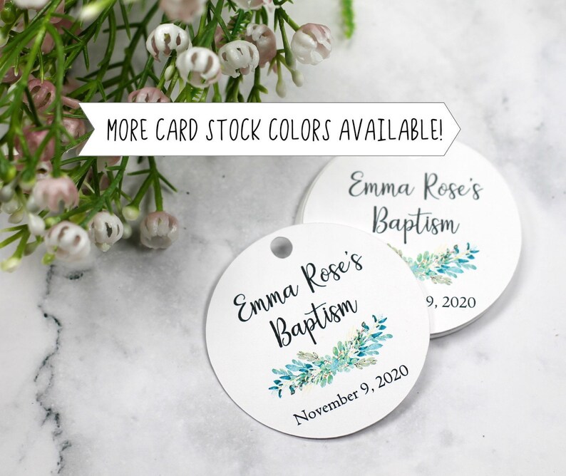 Round Baptism Tags with Greenery Personalized Baptism Favor Tags Girls Baptism Baptism Labels Boy's Baptism Christening Tags White