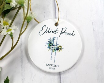Personalized Baptism Keepsake - Ceramic Ornament with Blue Cross and Florals