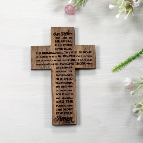 Christening Favor - Wooden Cross Christening Favor - Walnut Gift - Christian Cross - Lord's Prayer - Wedding Favor - Our Father Prayer
