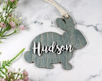 Blue Wooden Easter Tag - Personalized Wooden Tag with Name - 3D Wooden Tag - Custom Bunny Shaped Tag - Happy Easter - Kids Easter Basket Tag