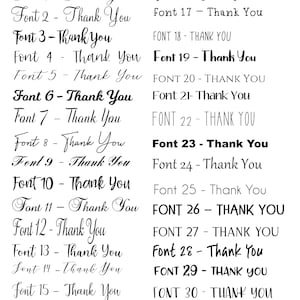 May include: A white background showcases 30 different font styles, each accompanied by the phrase "Thank You." The fonts range from elegant scripts to bold sans-serifs, providing a diverse selection for design projects.