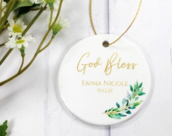 Personalized Baptism Keepsake - Ceramic Ornament with Greenery and Gold Text