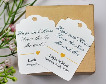 Custom Wedding Tags  - Personalized White Tags - Gold Heart - White Custom Wedding Favors - Hugs and Kisses from the Mr and Mrs