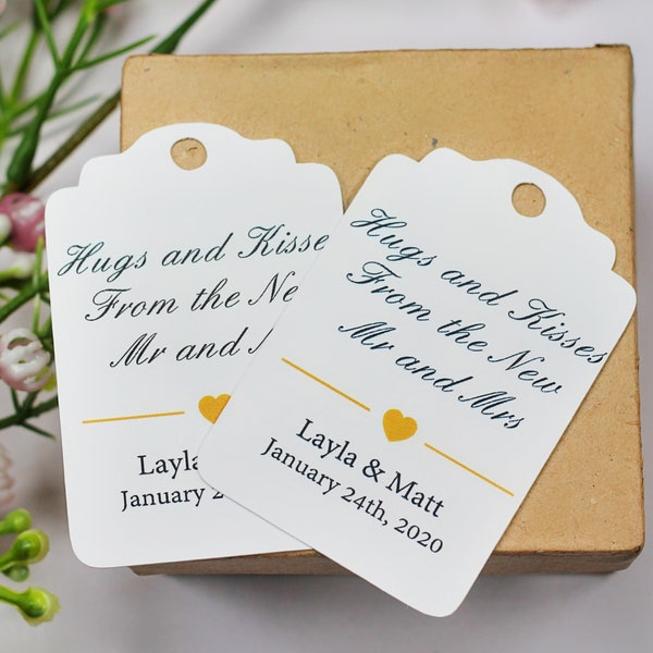 Custom Wedding Tags  - Personalized White Tags - Gold Heart - White Custom Wedding Favors - Hugs and Kisses from the Mr and Mrs