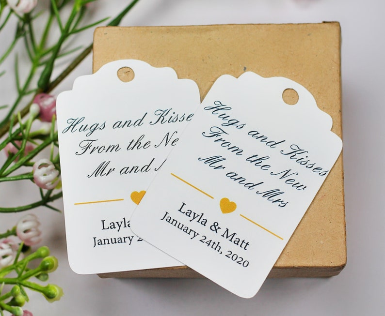 Custom Wedding Tags Personalized White Tags Elegant Labels White Custom Wedding Favors Hugs and Kisses from the Mr and Mrs image 1