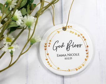Personalized Baptism Keepsake - Ceramic Ornament with Gold Wreath