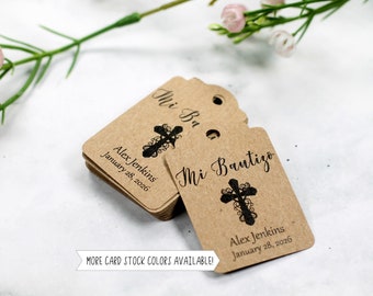 Custom Mi Bautizo Tags  - Kraft Tags for Baptism - Catholic Favor Tags - Personalized Spanish Baptism Labels - White Baptism