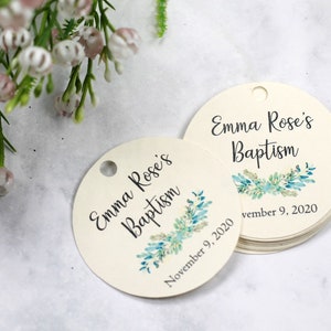 Round Baptism Tags with Greenery Personalized Baptism Favor Tags Girls Baptism Baptism Labels Boy's Baptism Christening Tags Cream