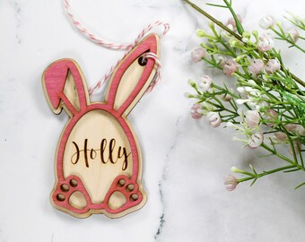 Easter Egg Basket Tag - Pink Personalized Wooden Tag with Name - Easter Bunny - Custom Bunny Shaped Tag - Happy Easter - Kids Easter Basket