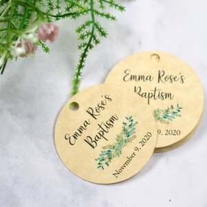 Round Baptism Tags with Greenery Personalized Baptism Favor Tags Girls Baptism Baptism Labels Boy's Baptism Christening Tags Antique Gold