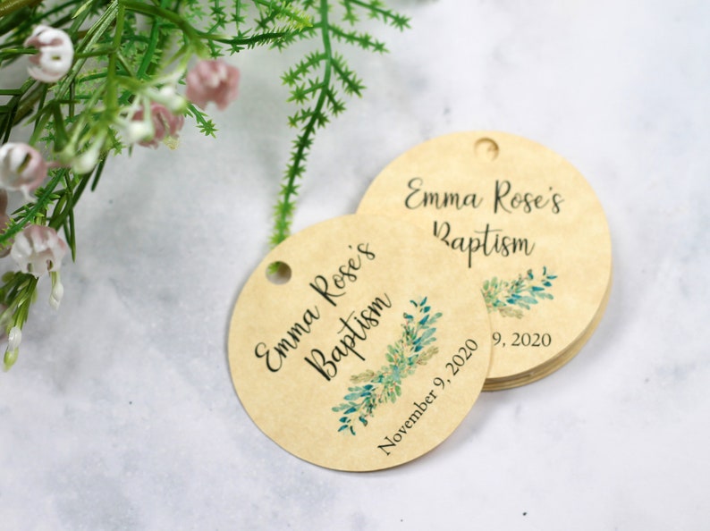 Round Baptism Tags with Greenery Personalized Baptism Favor Tags Girls Baptism Baptism Labels Boy's Baptism Christening Tags Antique Gold
