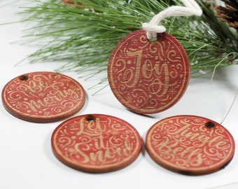 Set of 4 Rustic Tree Decorations in Red - Holiday Keepsake - Wooden Christmas Tree Ornament - Be Merry - Joy - Jingle Bells - Let it Snow