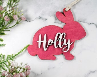 Easter Bunny Tag - Pink Personalized Wooden Tag with Name - Easter Basket - Custom Bunny Shaped Tag - Happy Easter - Kids Easter Basket