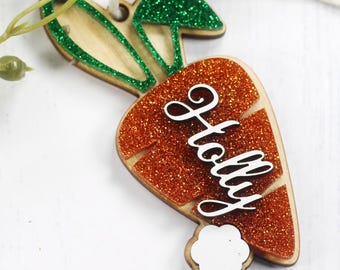 Personalized Easter Basket Tag for Kids - Custom Glitter Bunny Carrot