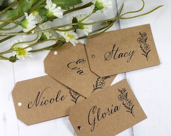 Wedding Escort Cards with Flower - Personalized Kraft Tags with Individual Names - Custom Labels for Bridal Shower