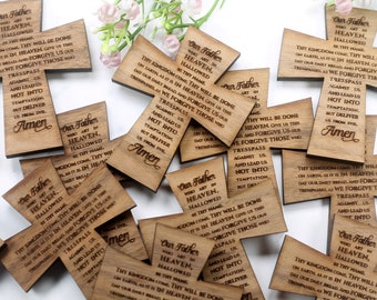 Baptism Favor - Wooden Cross Christening Favor - Walnut Gift - Christian Cross - Lord&#39;s Prayer - Wedding Favor - Our Father Prayer