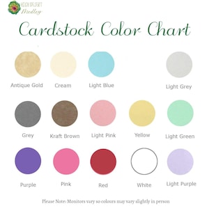 May include: A cardstock colour chart with 15 colour swatches, including Antique Gold, Cream, Light Blue, Light Grey, Grey, Kraft Brown, Light Pink, Yellow, Light Green, Purple, Pink, Red, White, and Light Purple. The text "Cardstock Colour Chart" is at the top.