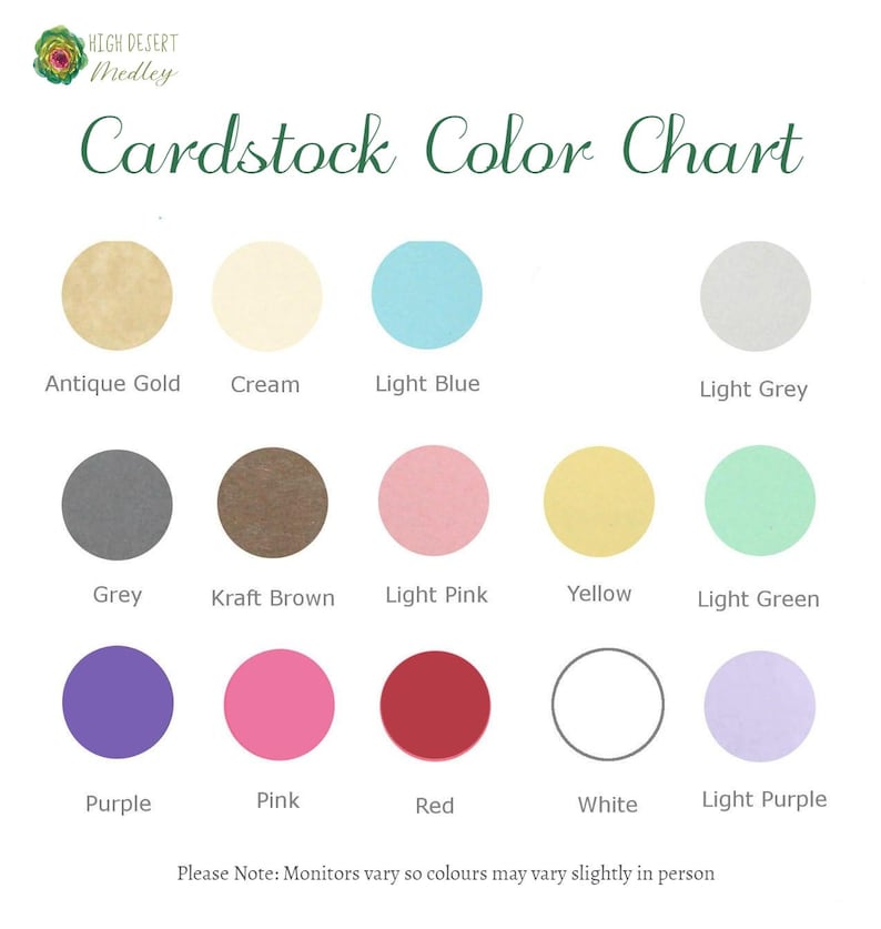 May include: A cardstock colour chart with 15 colour swatches, including Antique Gold, Cream, Light Blue, Light Grey, Grey, Kraft Brown, Light Pink, Yellow, Light Green, Purple, Pink, Red, White, and Light Purple. The text "Cardstock Colour Chart" is at the top.