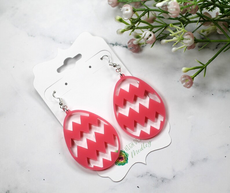 Easter Egg Earrings for Women Pink Acrylic Earrings Pink Easter Earrings Spring Earrings Easter Basket Gift Gift for Girls Zig Zag