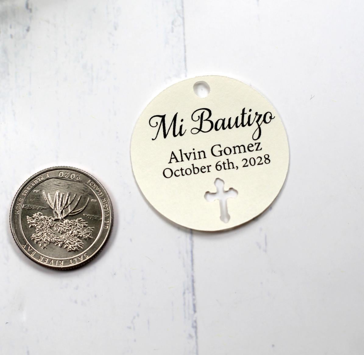 Round Baptism Tags - Mi Bautizo - Thank You Labels for Baptism - Cream ...