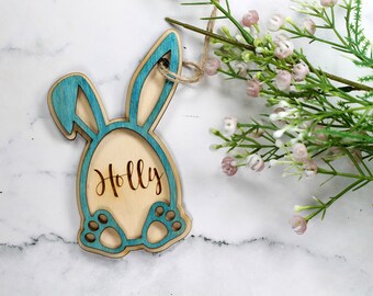 Easter Egg Basket Tag - Teal Personalized Wooden Tag with Name - Easter Bunny - Custom Bunny Shaped Tag - Happy Easter - Kids Easter Basket