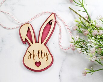 Easter Basket Tag - Pink Personalized Wooden Tag with Name - Easter Bunny - Custom Bunny Shaped Tag - Happy Easter - Kids Easter Basket