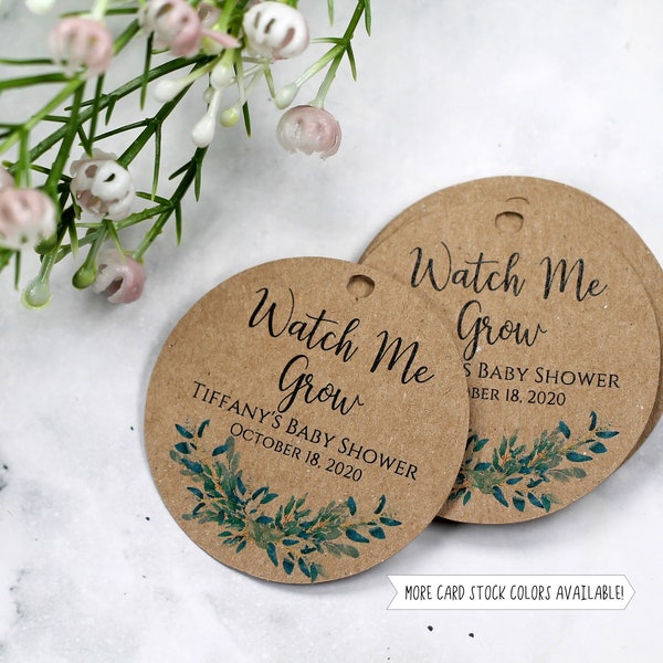 Watch Me Grow Tags - Custom Thank You Tags with Greenery - Baby Shower Thank You Labels - Round Kraft Tags - Personalized Baby Shower Favors